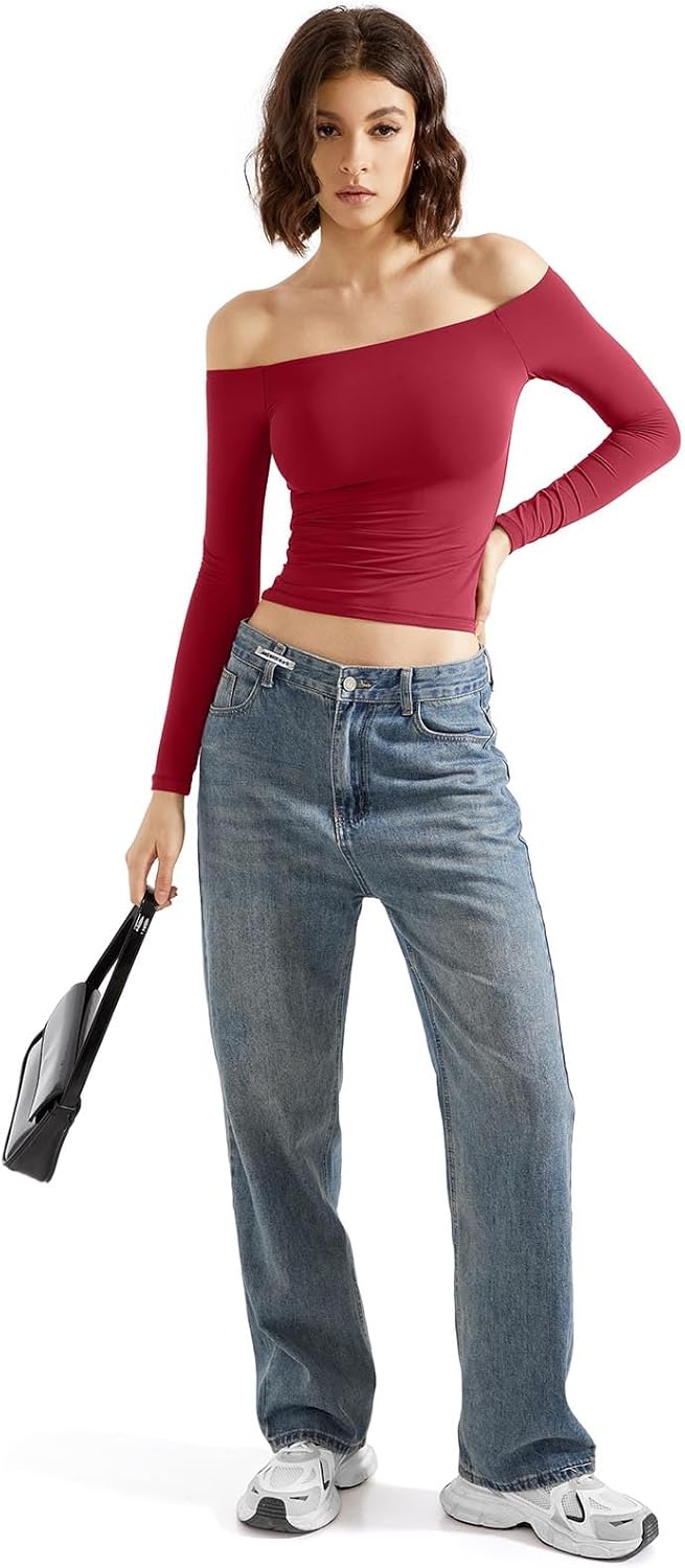 SUUKSESS Women Off Shoulder Double Lined Long Sleeve Shirts Basic Going Out Tops - Image 6