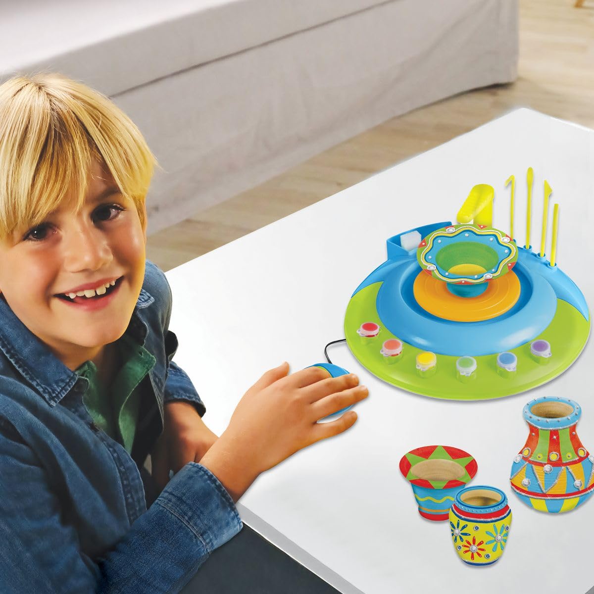 LEXIBOOK, Torno de Alfarería Motorizado para Niños, Kit Creativo con Arcilla Natural, Pinturas, Herramientas de Modelado y Accesorios, Verde, CRPOT1