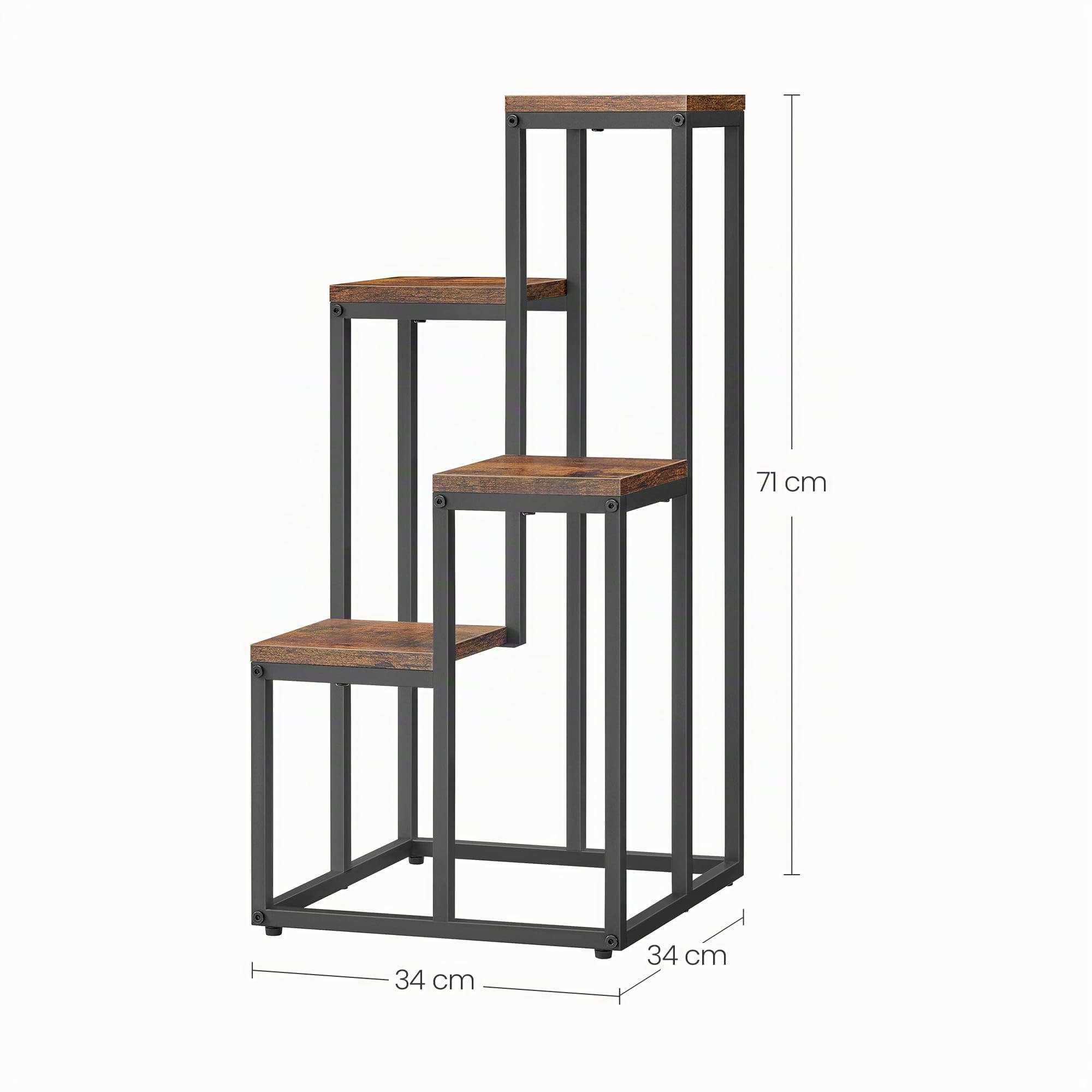 Étagère à pot de fleurs à 4 niveaux rustique avec pieds noirs – Idéal pour le salon, la chambre à coucher, le couloir ou le bureau Support de plantes de style loft avec cadre en acier pour plus de