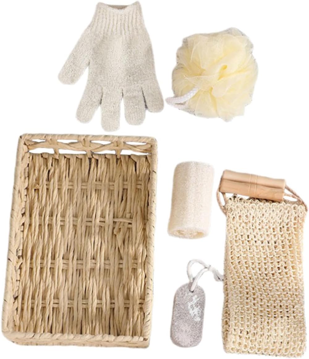 Six Piece Bathing Set with Wood Handle and Loofah Sections