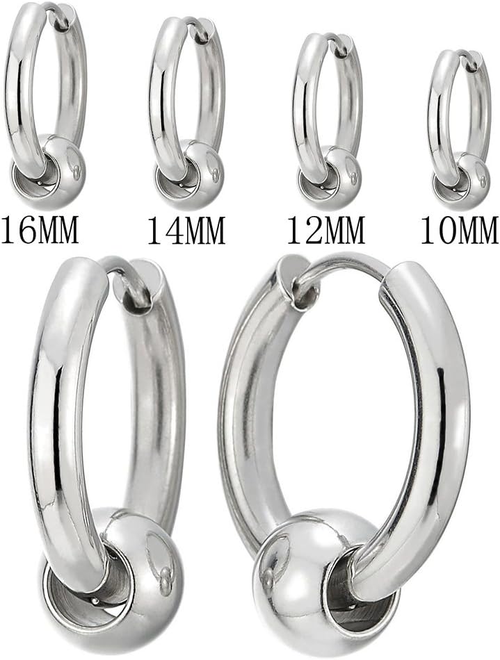 Stainless Steel Circle Beads Huggie Hinged Hoop Earrings for Men Women, 2pc - Image 2