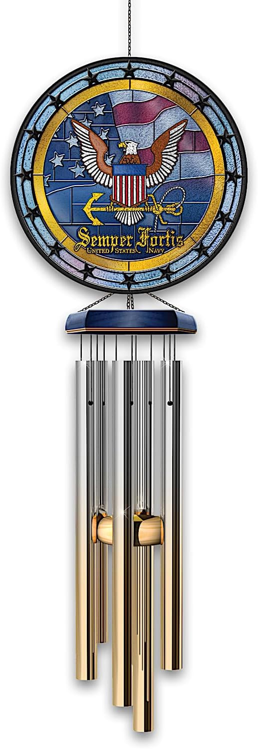 The Bradford Exchange U.S. Navy Stained Glass Wind Chime Featuring The U.S. Navy Emblem And 8 Ombre-Finished Metal Chimes