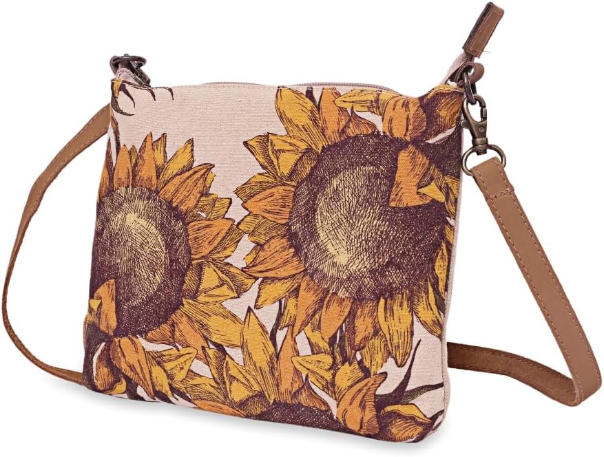 Sunflower Crossbody Sling Bags - 8" x 10" Handcrafted Handbag, Cotton Canvas Purse with Adjustable Leather Straps, Durable Women's Purse