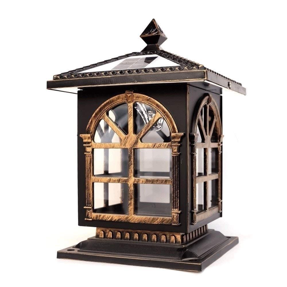 QUSYZD Post Lights Outdoor,Solar Led Ip55 Waterproof Glass Lantern Column Patio Fence Table Light Traditional External Community Courtyard Metal Street Pillar Light,