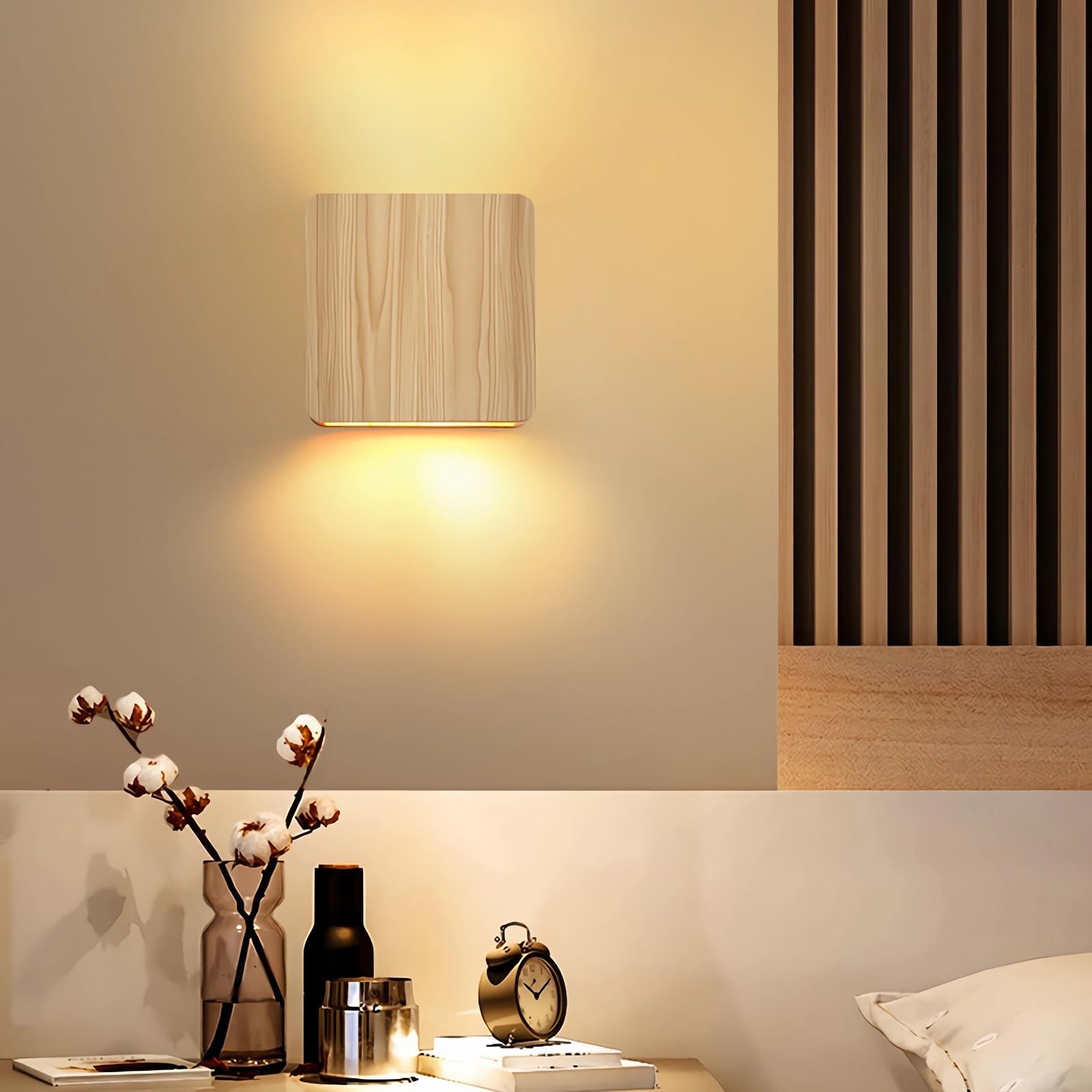 LED Wandleuchte Holz Eckig Design Modern Minimalistisch Wandlampe für Wohnzimmer Schlafzimmer Flur Treppenhaus Diele Lampe G4 Leuchte Leuchtet nach oben und unten (Holzfarbe, 16cm, Warmweiß 3000K)