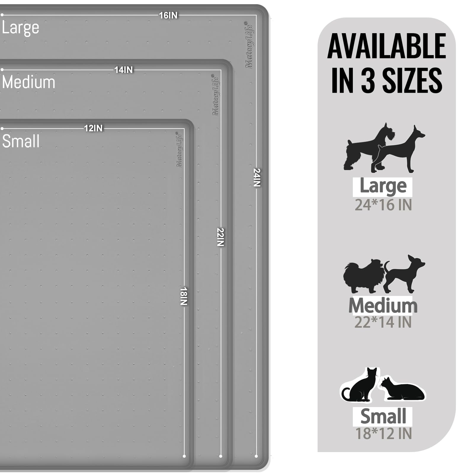 MateeyLife Dog & Cat Food Mat for Floors Waterproof, Nonslip Bowl Mats for Food and Water, Dog Feeding Mats with Raised Edges, Silicone Dog Water Matt Tray for Messy Drinkers, 18"x12", Grey