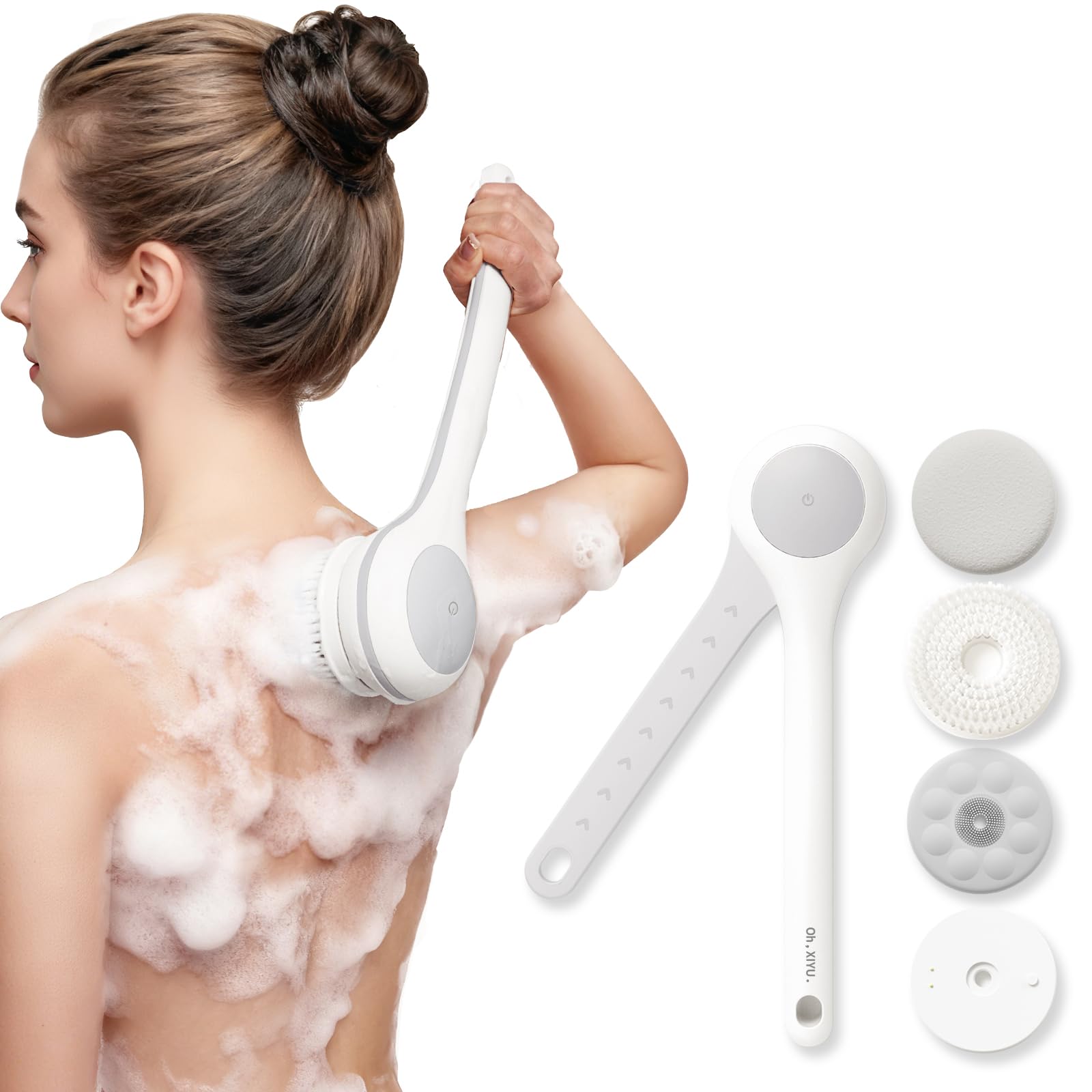 Brosse à récurer électrique pour le dos, brosse sèche, étanche IPX7, charge USB, longue poignée, applicateur de lotion pour le dos, hommes, femmes, jeunes personnes âgées – Blanc perle