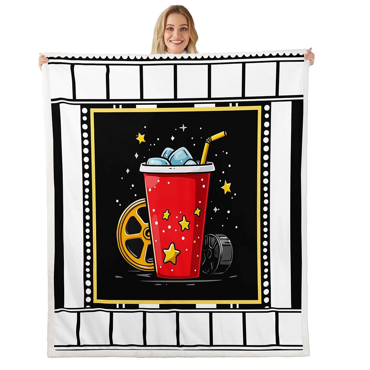 Homewish Coperta in pile a tema film Queen 229 x 229 cm, calda coperta Sherpa in peluche vintage con filmstrip pelosa, per festival, film, cinema, per letto, divano