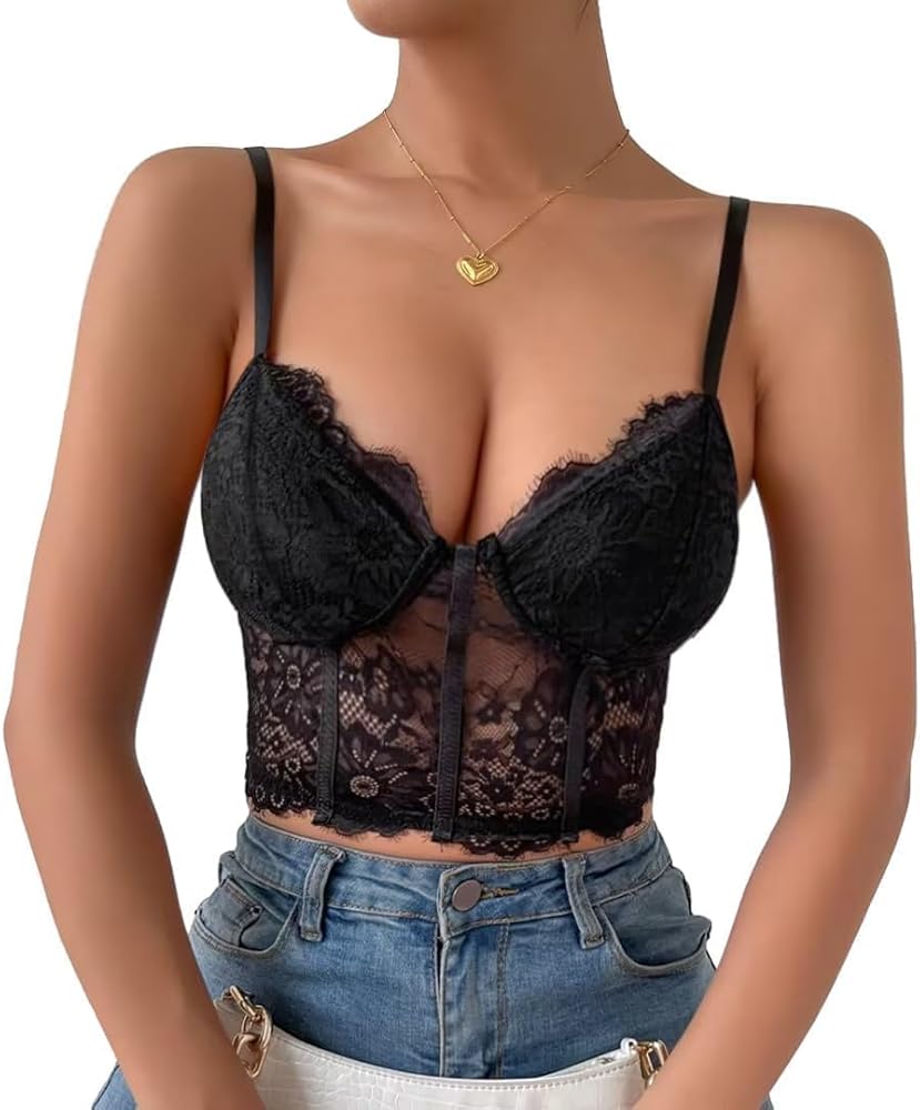 Lilosy Petite Sexy Underwire Lingerie Floral Lace Crop Cami Tank