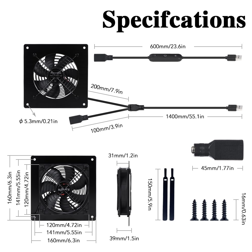Ventola di raffreddamento USB da 120 mm, 5 V, silenziosa, CC 12 V, IPX5, impermeabile, con controllo a 10 velocità, per Home Theater AV Cabinet, serra, canile, computer