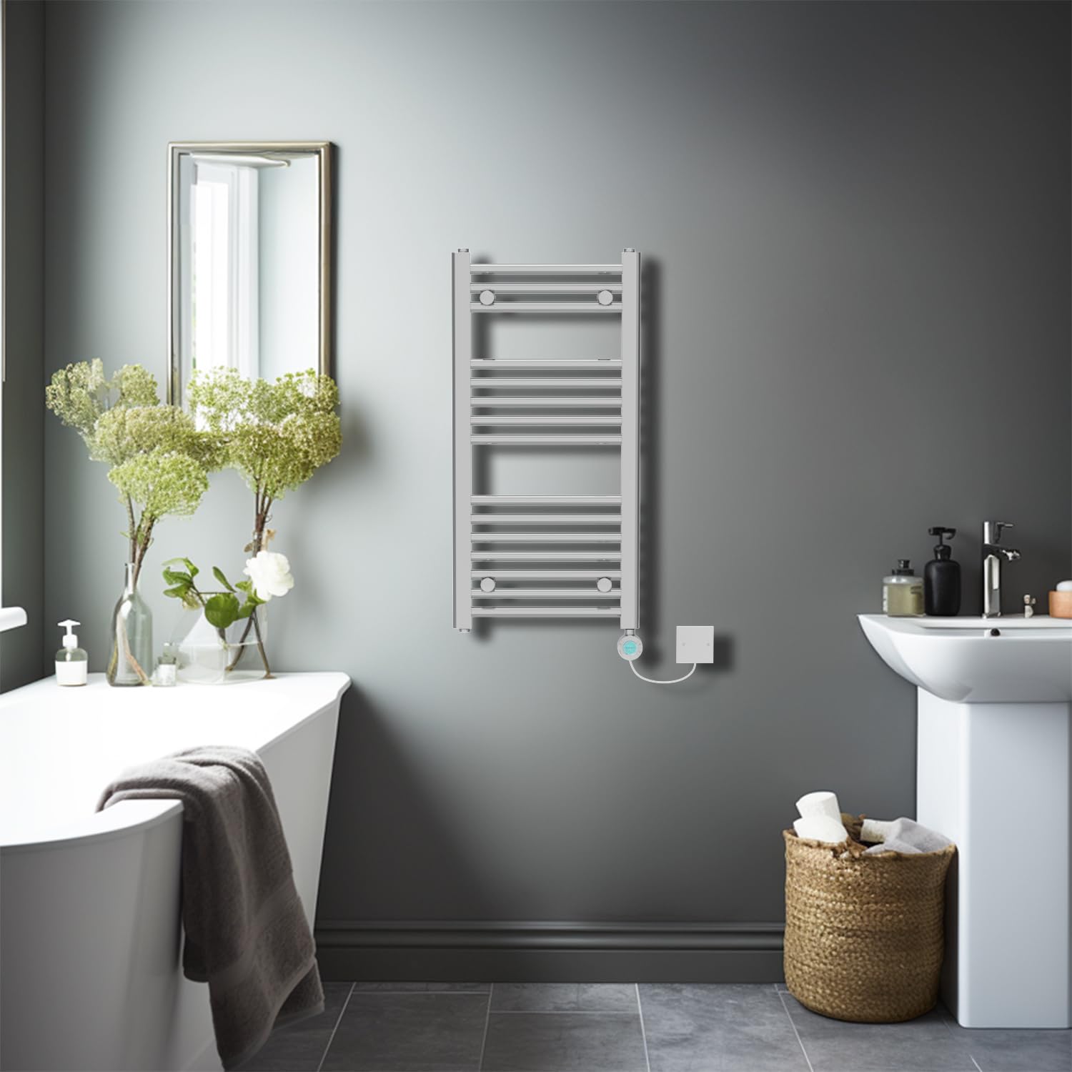 Nrg Chrome Prefilled Straight Electric Heated Towel Rail Radiator Thermostatic Bathroom Warmer With Lcd Display 800X400mm - 400Watt
