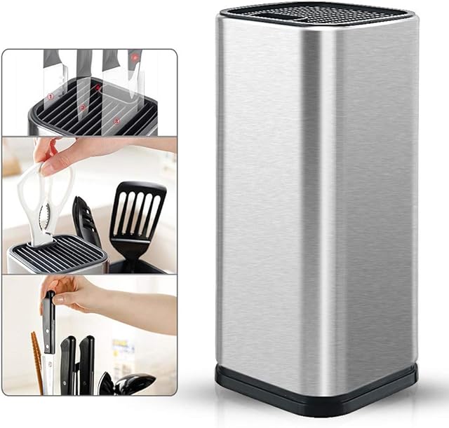 Pawaca Universal Knife Block, Stainless Steel Knife Holder Stand with Slots for Scissors and Sharpening Rod, Rectangular knife storage stand Safe and Detachable for Easy Cleaning (9.25x3.74in)