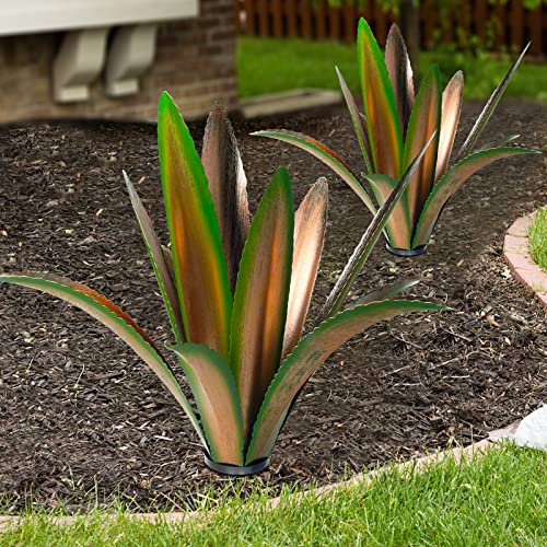 Image of TOMBABY Enlarge Thickened Wind Resistant Metal Agave Garden Art Metal Plant Country Garden Sculpture Statue Outdoor Decoration Agave Metal Plant Courtyard Lawn Ornament Gift (2, 12 Leaves Green)