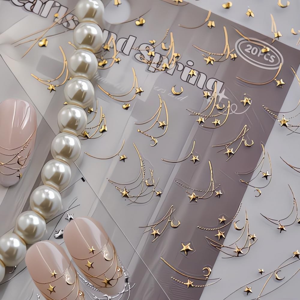 Stars Nail Art Stickers 3D Self-Adhesive Gold Nail Decals Gold Star Necklace Nail Stickers for Nail Art Moon Nail Art Supplies for DIY Acrylic Nails Decoration Accessories for Women 1 Sheet
