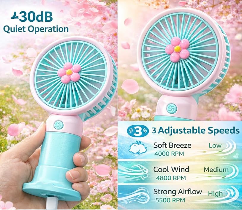 Image of Portable Handheld USB-C Rechargeable 3 Adjustable Speeds Mini Fan for Home Office & Outdoors (Sky Blue)