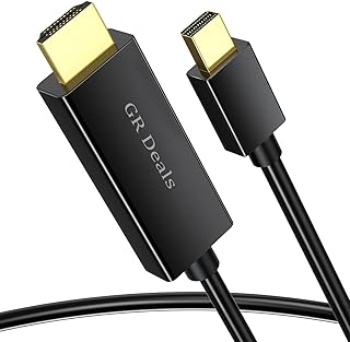 كيبل منفذ عرض صغير ثاندربولت 2 إلى HDMI ذكر إلى ذكر بطول 1.8 م مطلي بالذهب متوافق مع تلفزيون HD واللابتوب والشاشة وجهاز العرض وما الى ذلك - أبيض (1.8 م) من جي ار ديلز