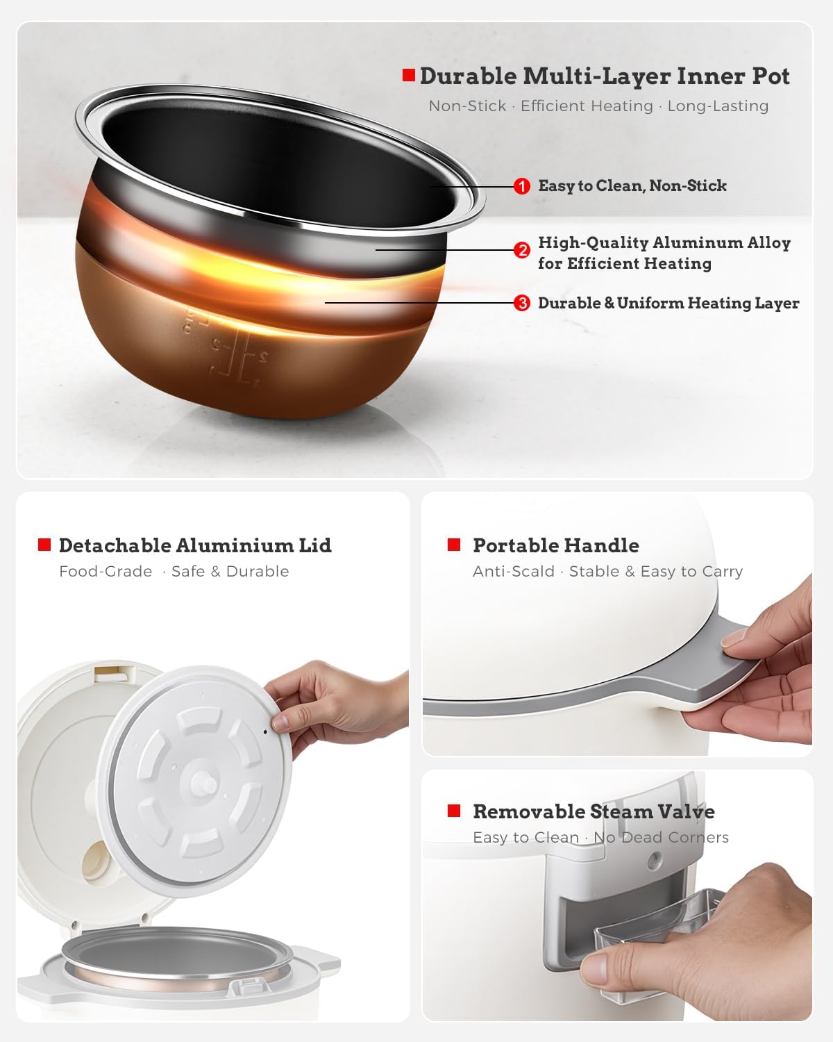 TLOG Low Carb Rice Cooker 2L(8 Cups Cooked), Low Sugar Healthy Rice Maker with 304 Stainless Steel Steamer Basket, 5 Cooking Presets, 24H Timer & Keep Warm Function