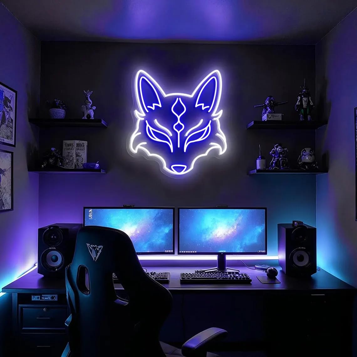 Kitsune Maschera al neon, luce LED a forma di volpe giapponese, decorazione da parete Yokai, maschera Oni Anime decorazione per la stanza