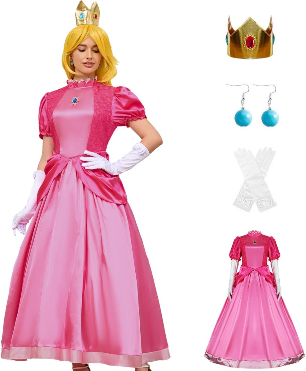 PAINEOMN Princess Dress for Women Halloween Princess Cosplay Costume Crown Earrings Gloves Set Adult Fancy Dress Suit