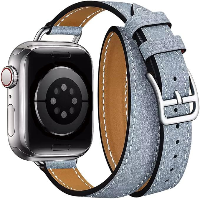 Bracelet Cuir Apple Watch Double Tour Bleu Lin, Le Cadeau Idéal pour Femme iWatch Série 11