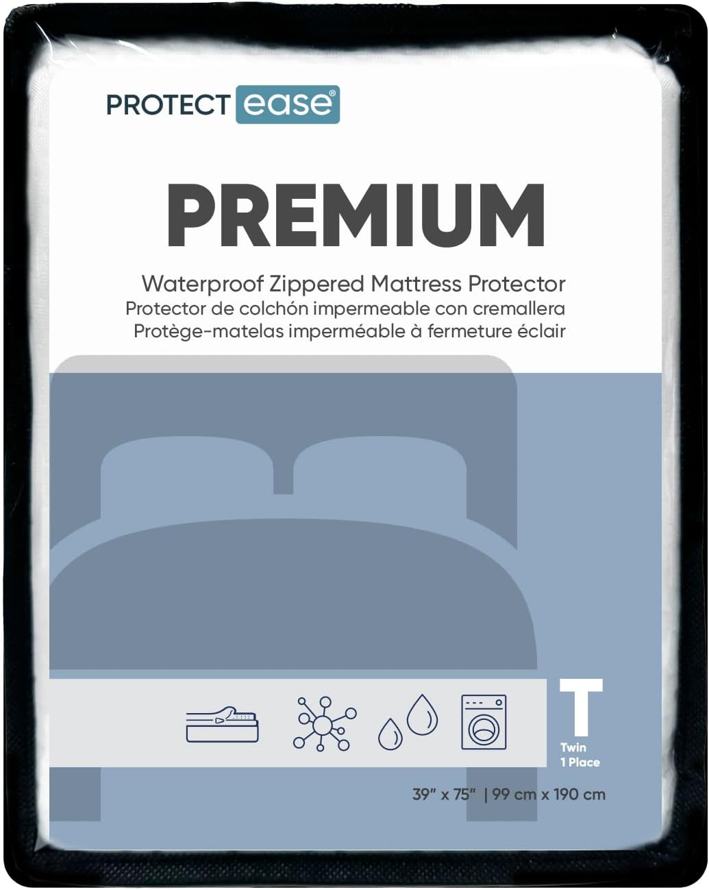 ProtectEase Premium Zippered Mattress Protector - Waterproof, Water, Spills, Stains Physical Barrier - Noiseless, Machine Washable, Snug Fit with - SMART-Zip Technology, White - Twin Size
