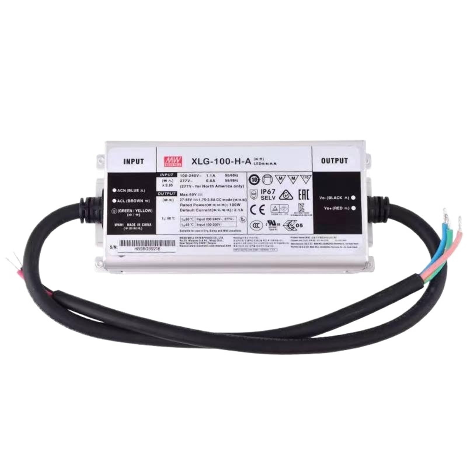 FCARUMIQP XLG-100-H-A 2100mA 27~56V Constant Power Mode LED Lighting Driver Buit-in Active PFC Function AC-DC Water Proof IP67