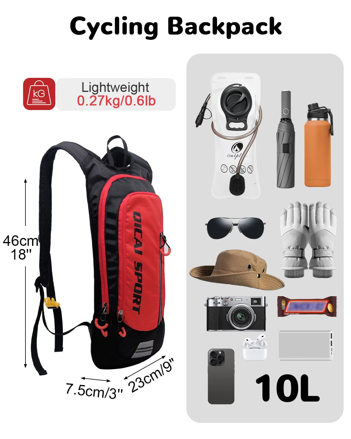 Zaino da ciclismo ultraleggero da uomo, 10 l, piccolo zaino per mountain bike, MTB, zaino da trekking, per ciclismo, sci, corsa, rosso