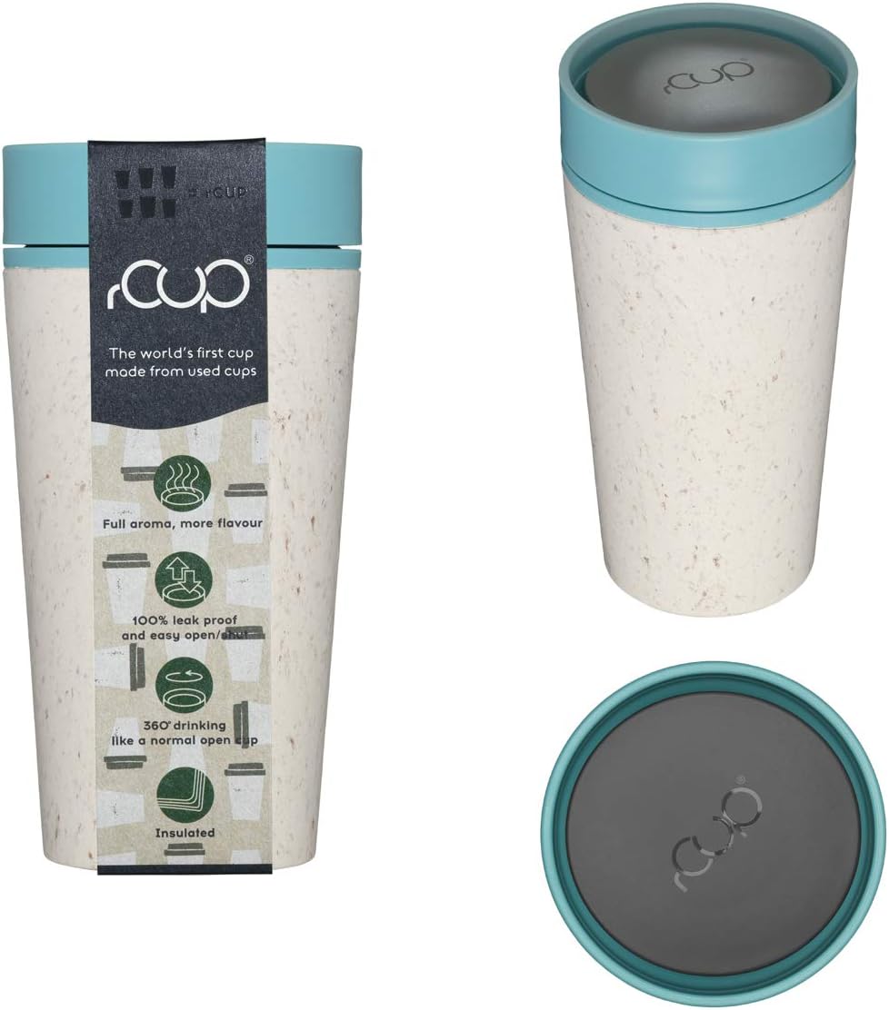 rCup - World's First Reusable Cup Made with Recycled Cups H143 x D85mm Cream/Teal.