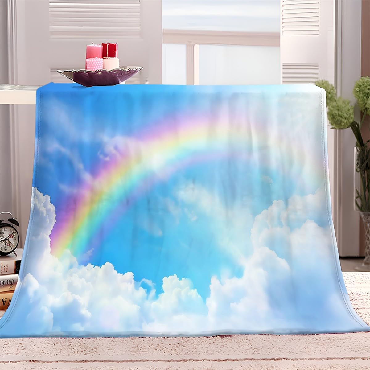 Couverture polaire douce en flanelle motif arc-en-ciel pour lit enfant