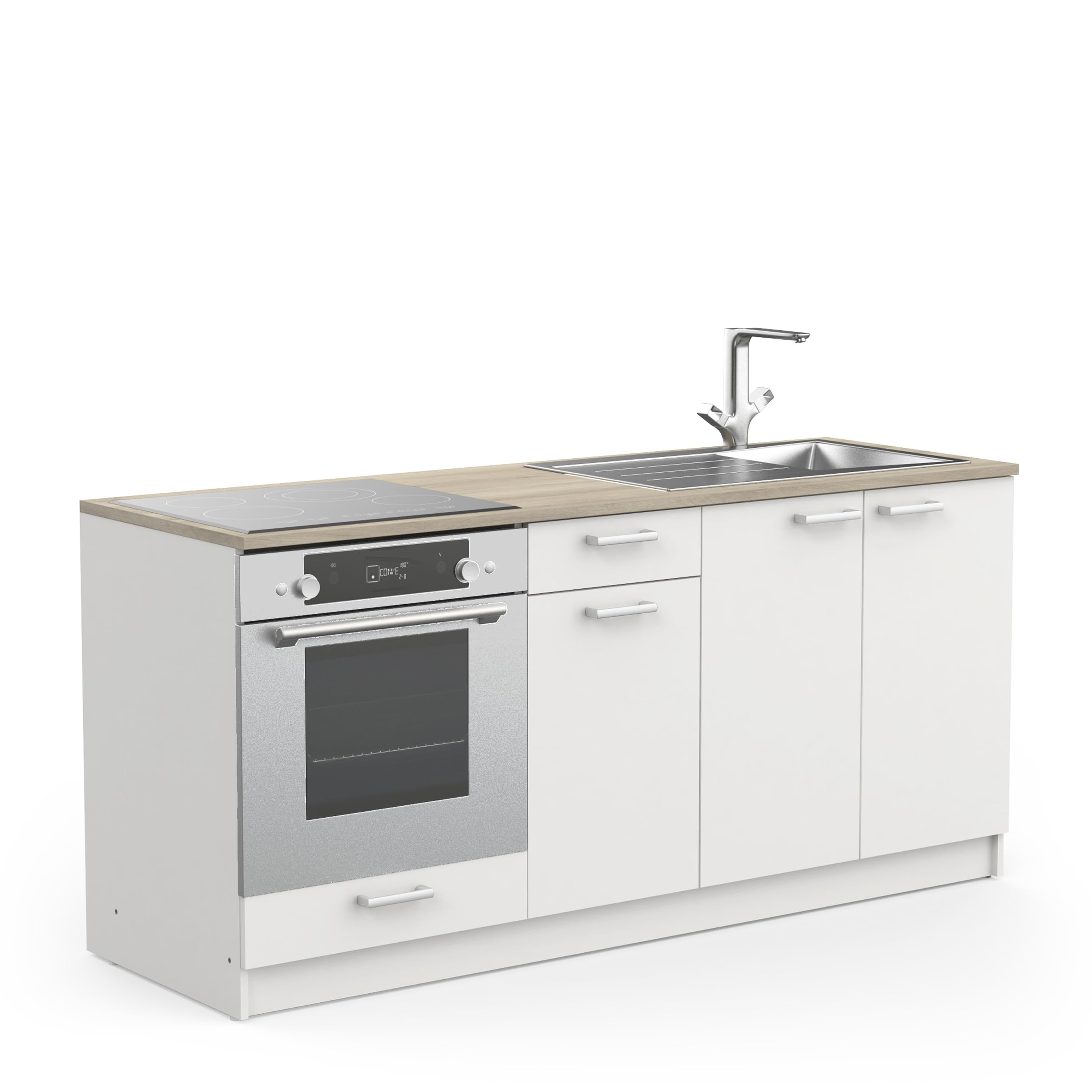 möbelando Miniküche >Cooking< in Matt weiß - 180x82,5x60cm (BxHxT)
