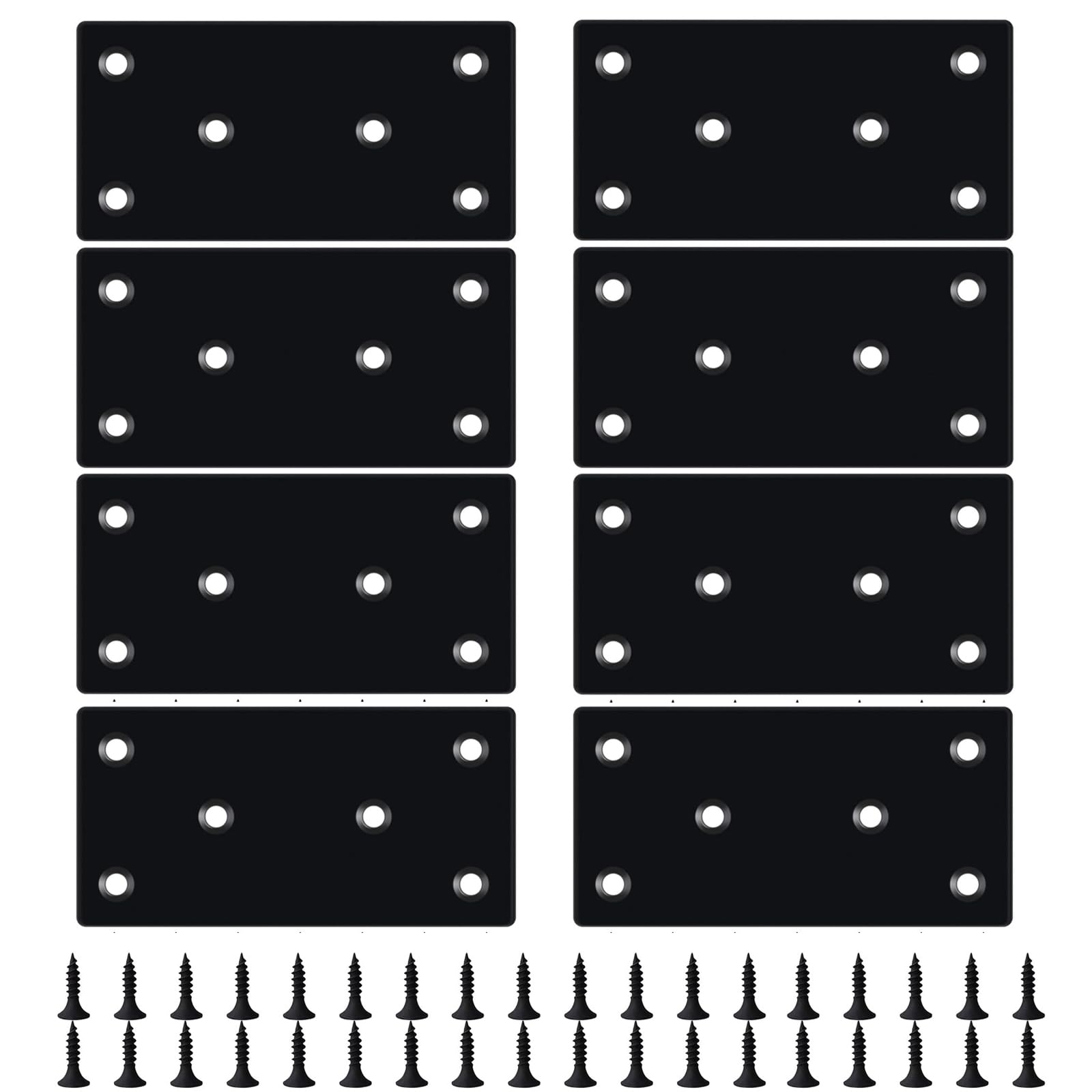 Excefore 8PCS Black Flat Mending Plate, Stainless Steel Flat Bracket with Holes, Metal Straight Brace Repair Joining Fixing Bracket for Wood with 48PCS Screws (3.94 X 1.97 Inch)