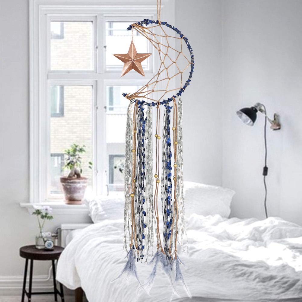 LAVAY Dream Catcher for Kids Bedroom Handmade Star Moon Half Circle Net Blue Dream Catcher Gray Feather Wall Art Hanging Home Decorations Dorm Room Ornament Craft Gift 25" L