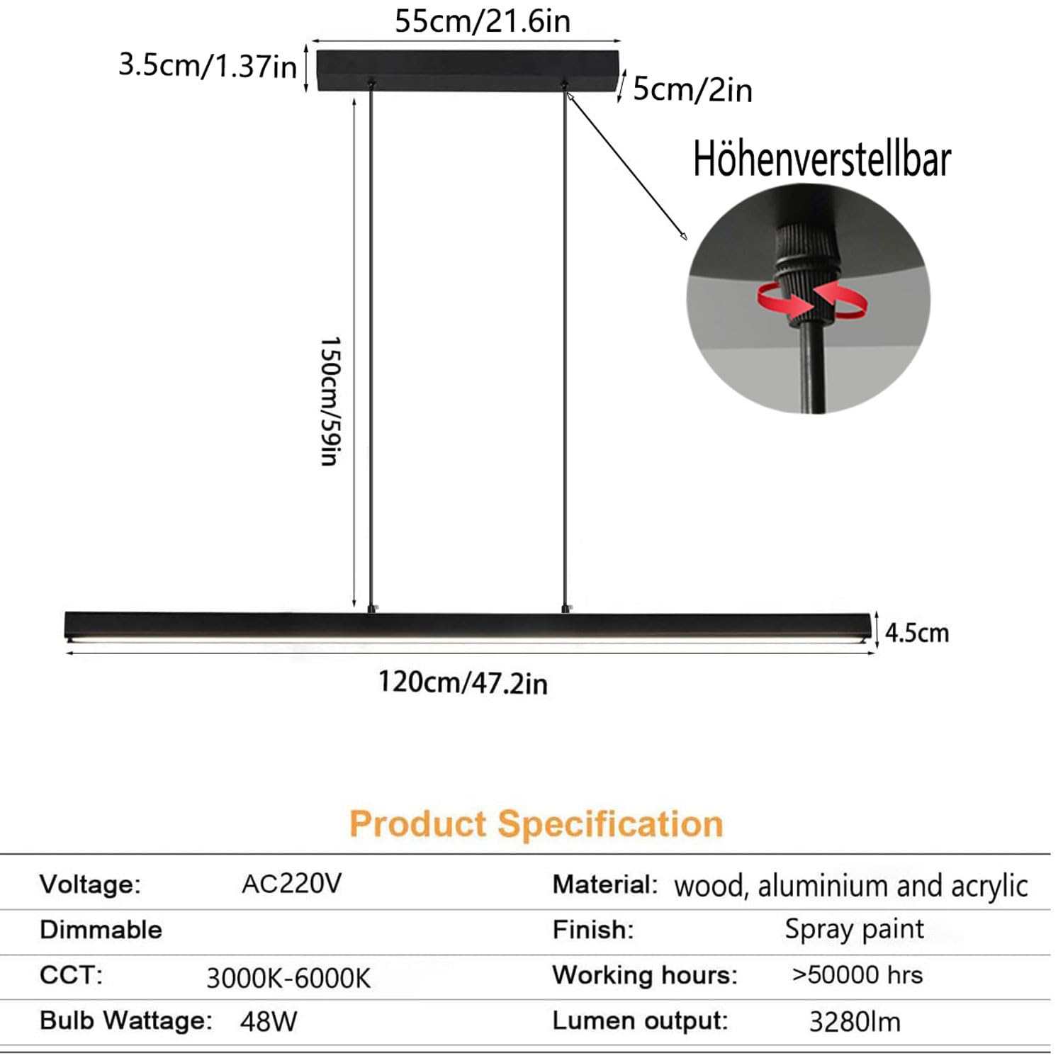 Suspension Luminaire LED Moderne Dimmable avec Télécommande，48W Suspension en bois Noir, Linéaire Design luminaire suspension Réglable en hauteur Lampe Suspension pour Cuisine Salle à Manger L120CM