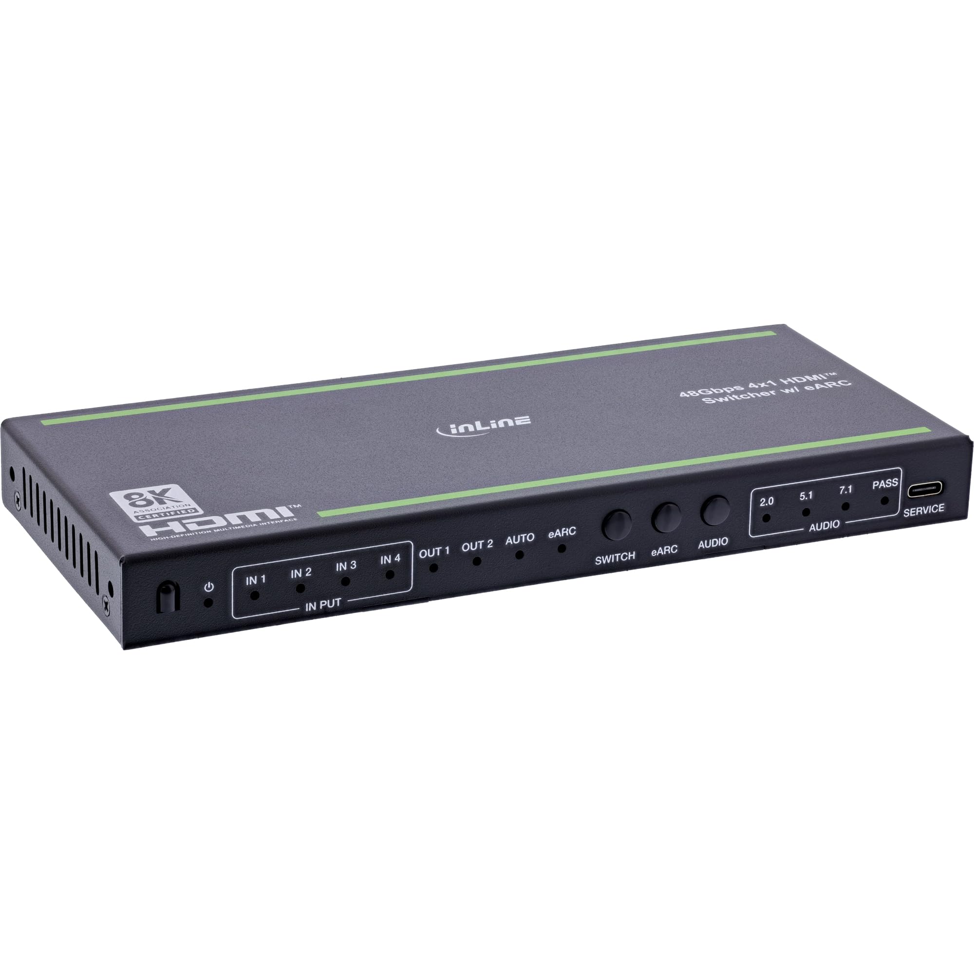 Inline Conmutador HDMI de 4 vías con desacoplamiento de Audio, HDMI 2.1, eARC, 8K@60Hz, 4K @120Hz, SPDIF, Jack, Mando a Distancia por Infrarrojos, CEC, EDID, 57885A
