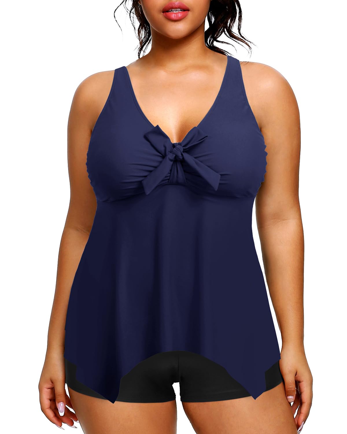 Photo 1 of Holipick 2 Piece Plus Size Swimsuits for Women Tankini Bathing Suit Swimwear Tummy Control Flowy Tops and Boyshorts Modest 16 Plus Navy Blue