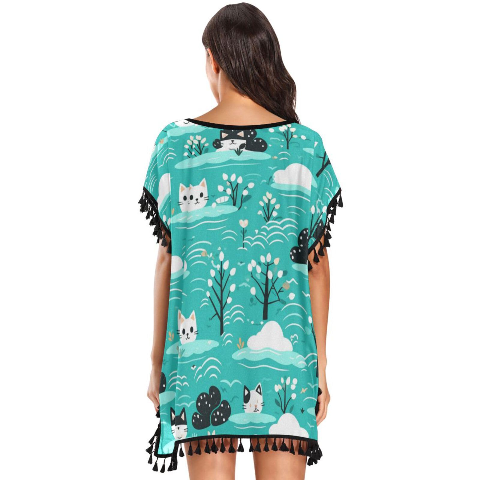 Blue Repeating Pattern Cats Women's Beach Cover Up Chiffon Tassel Swimwear Swimsuit Coverups for Girl