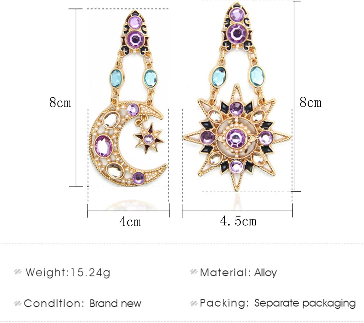 Vintage Sun Moon Earrings Crystal Drop Earrings Studs for Women - Image 2