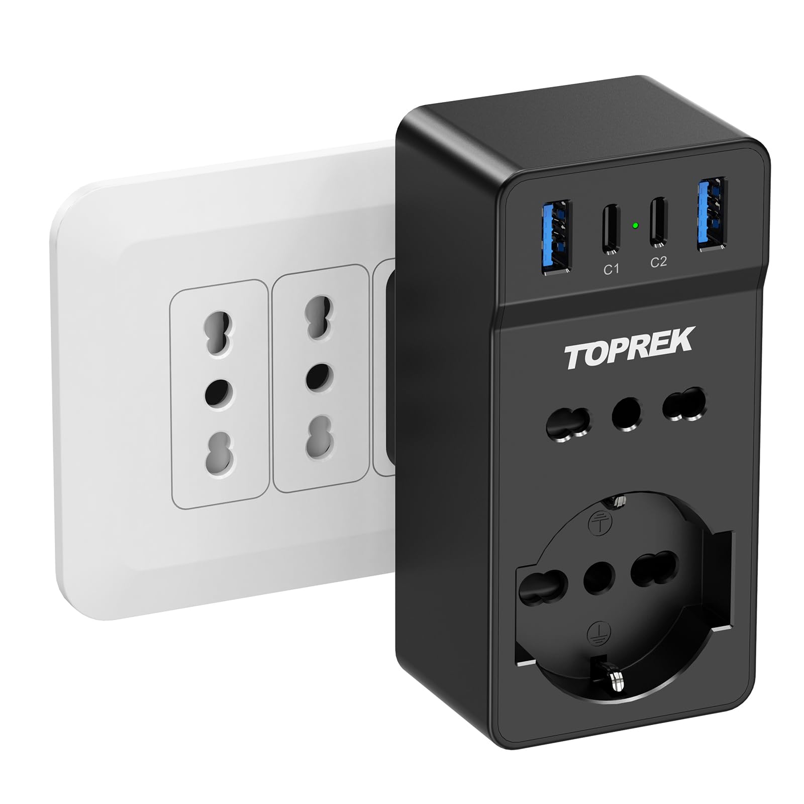 TOPREK Presa Multipla USB Salvaspazio con 4 USB(C1 20W PD3.0), Spina Italiana, 6 in 1 Adattatore Multipresa Elettrica da Muro con 1 Schuko & 1 Prese IT & 2 Type-C & 2 Type-A, 4000W/16A (Negro)