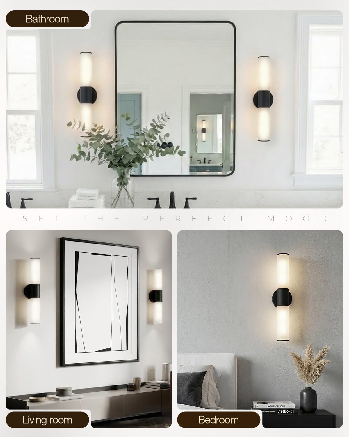 2-Light Bathroom Vanity Lighting Fixture, Black Wall Sconce with Opal White Glass, E26 Stocket Indoor Wall Lamp, Modern Mirror Light