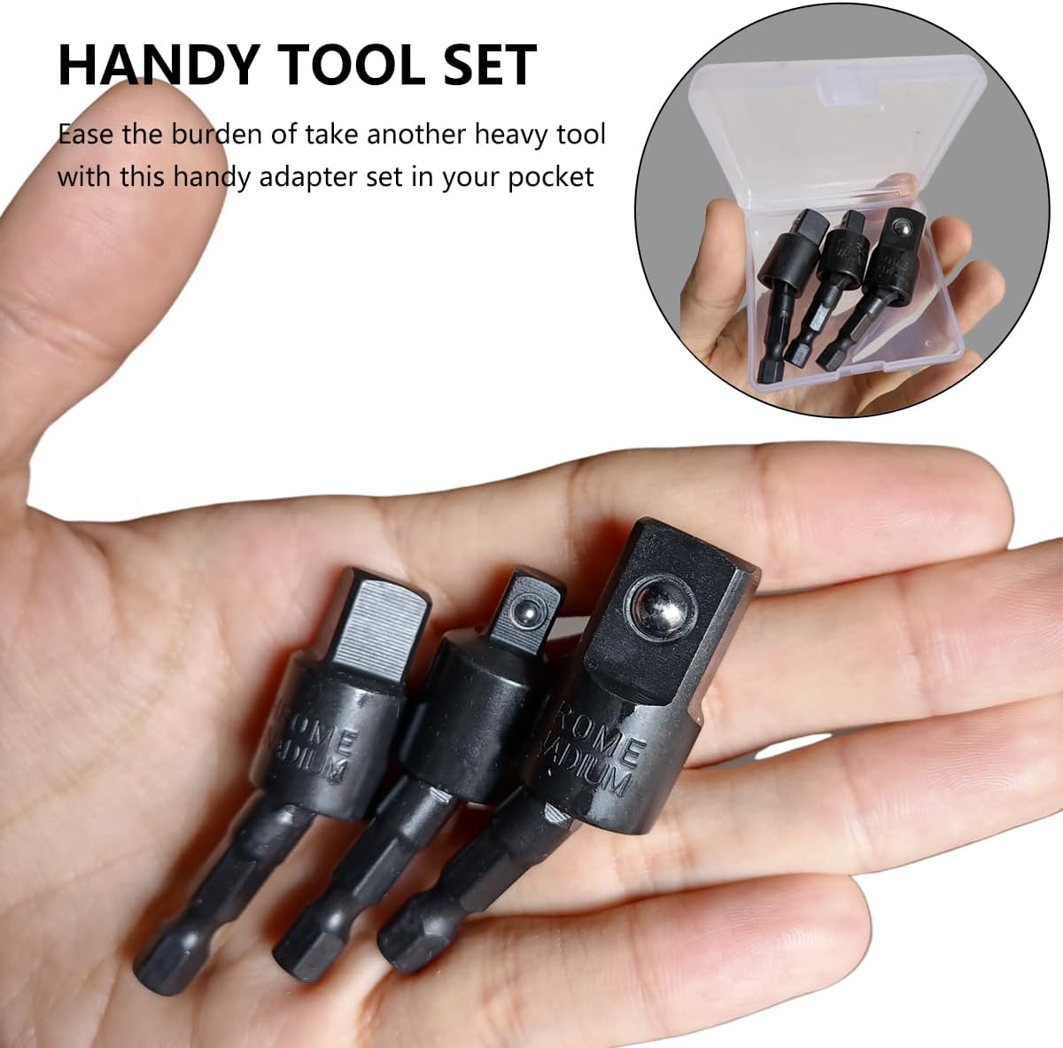 Hymnorq 3PC Wobble Socket Adapters, 360 Degree Rotatable Universal Joint Swivel Socket Set, 1/4 Inch Hex Shank to 1/4 3/8 1/2 Square Socket Drives, CR-V Steel Black Oxide Finish, for Narrow Workplace