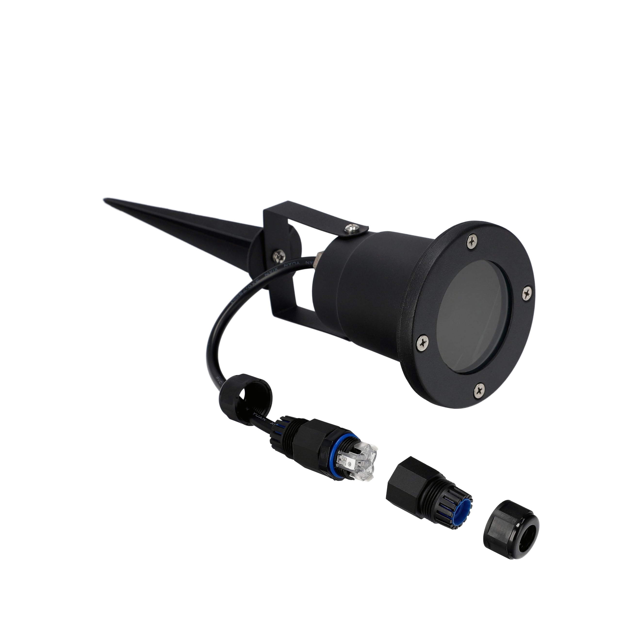 EDO 2er Set Gartenstrahler mit Erdspieß HORTUS IP65 Schwarz GU10 + 2x Wasserdichter Kabelverbinder IP68 0,5-2,5mm², Ø6,5-11mm - Außen Schwenkbar Gartenlamp, Außenbeleuchtung für Pflanzen, Kabel 25cm