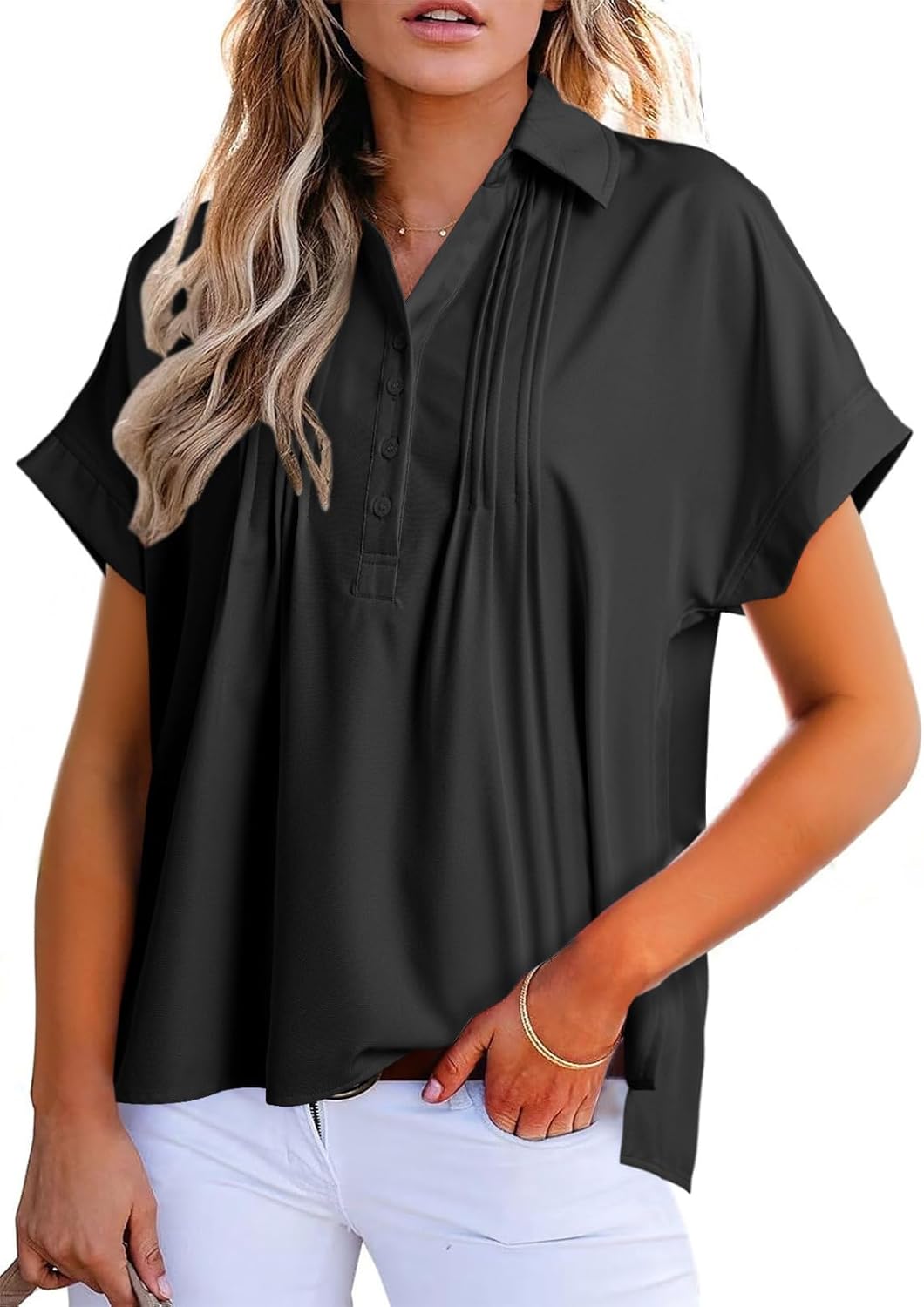 Dokotoo Womens Tops Casual Short Sleeve Shirts V Neck Business Casual Pleated Blouses Polo Shirt