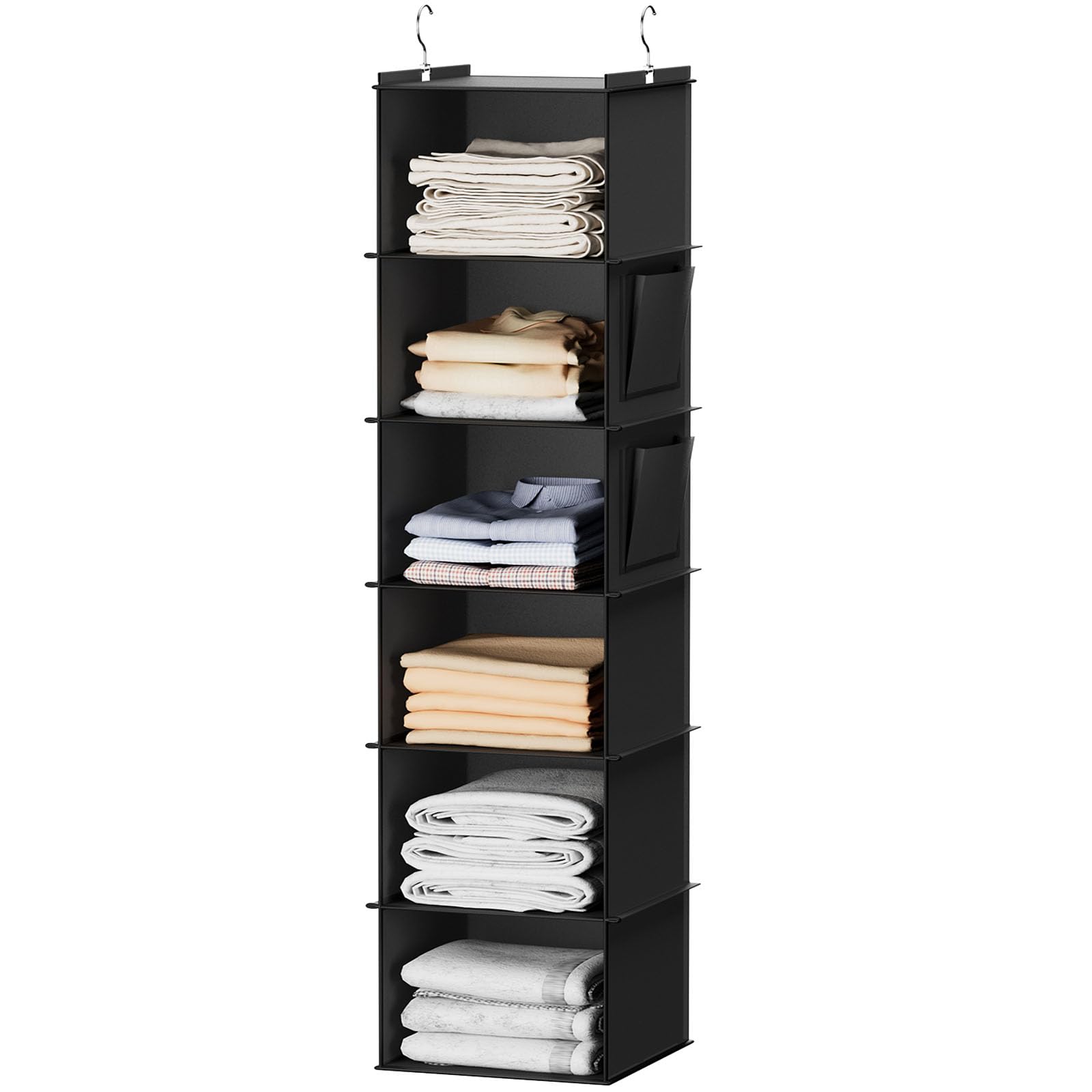 YOUDENOVA Hängeregal Schrankorganizer Stabiler 6 Fächern Kleiderschrank Organizer Ordnungssystem Hängeaufbewahrung mit MDF-Platten und Bambus-Stock verstärkt Schwarz