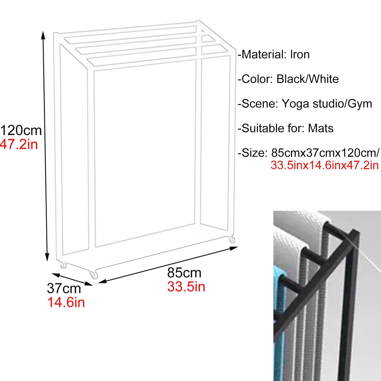 Soporte de secado compacto para esterilla de yoga con ruedas, para estudio de yoga y gimnasio en casa, color blanco, 85 cm x 37 cm x 120 cm