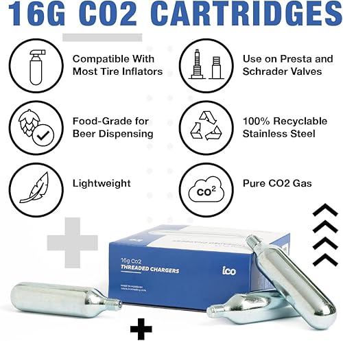 Miniatura 2 de ICO CO2, cartuchos de CO2 roscados de 0.56 oz, cartuchos de CO2 para uso con inflador de neumáticos de bicicleta de CO2, cartuchos C02 para MTB y