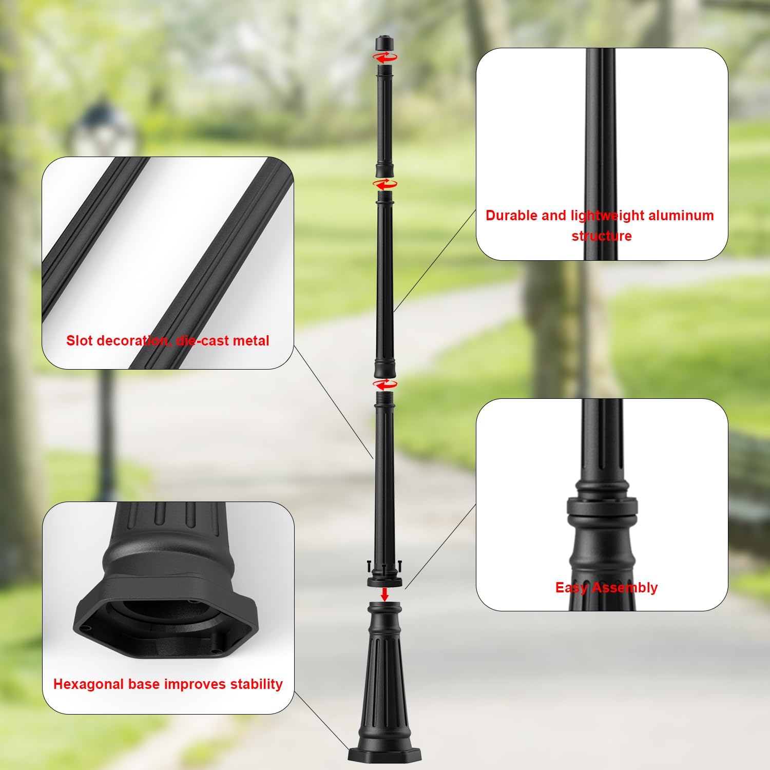 79" Vintage Cast Aluminum Lamp Post - Outdoor Solar Light Pole, Black Matte Waterproof Coating Post Light for Garden, Driveway, Pathway, Porch, Yard