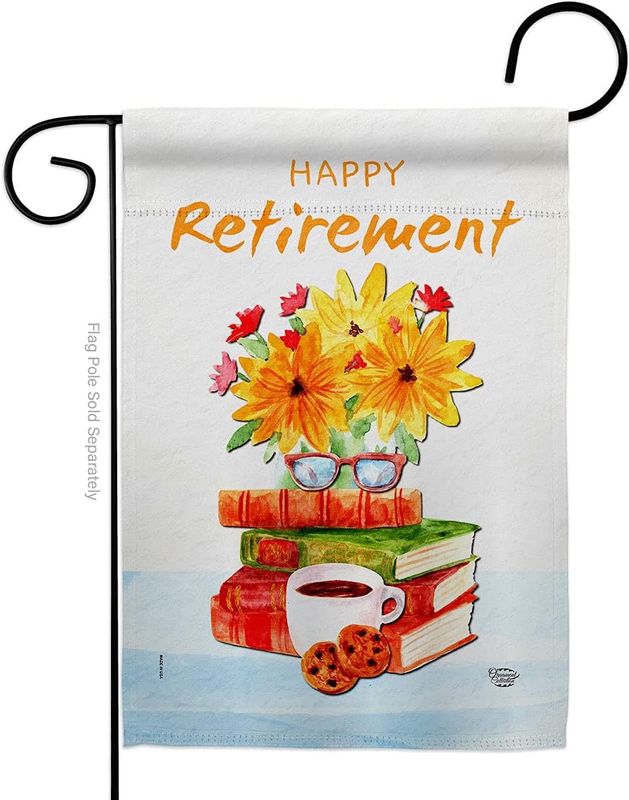 Retirement Activites Burlap Garden Flag Set with Stand Celebration Happy Retired Veteran Congratulations Occasion Anniversary Party Small Gift Yard House Banner Double-Sided Made In USA 13 X 18.5