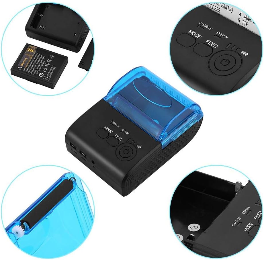 Primer pla views of Bewinner thermal printer components: battery compartment, paper roll area, control buttons, and ports.