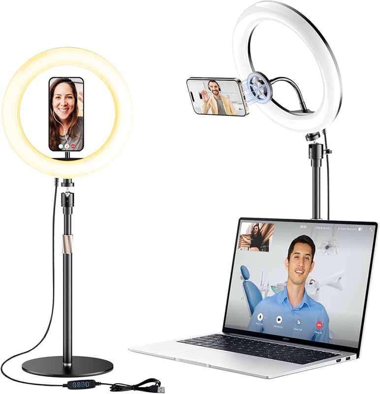 10" Adjustable Desk Ring Light with Magnetic Phone Stand for Zoom Meetings | 10" Halo Ring Light with 3 Lighting Modes and 10 Dimmer Settings, Perfect for Home Office, Youtube, and Video Conferencing