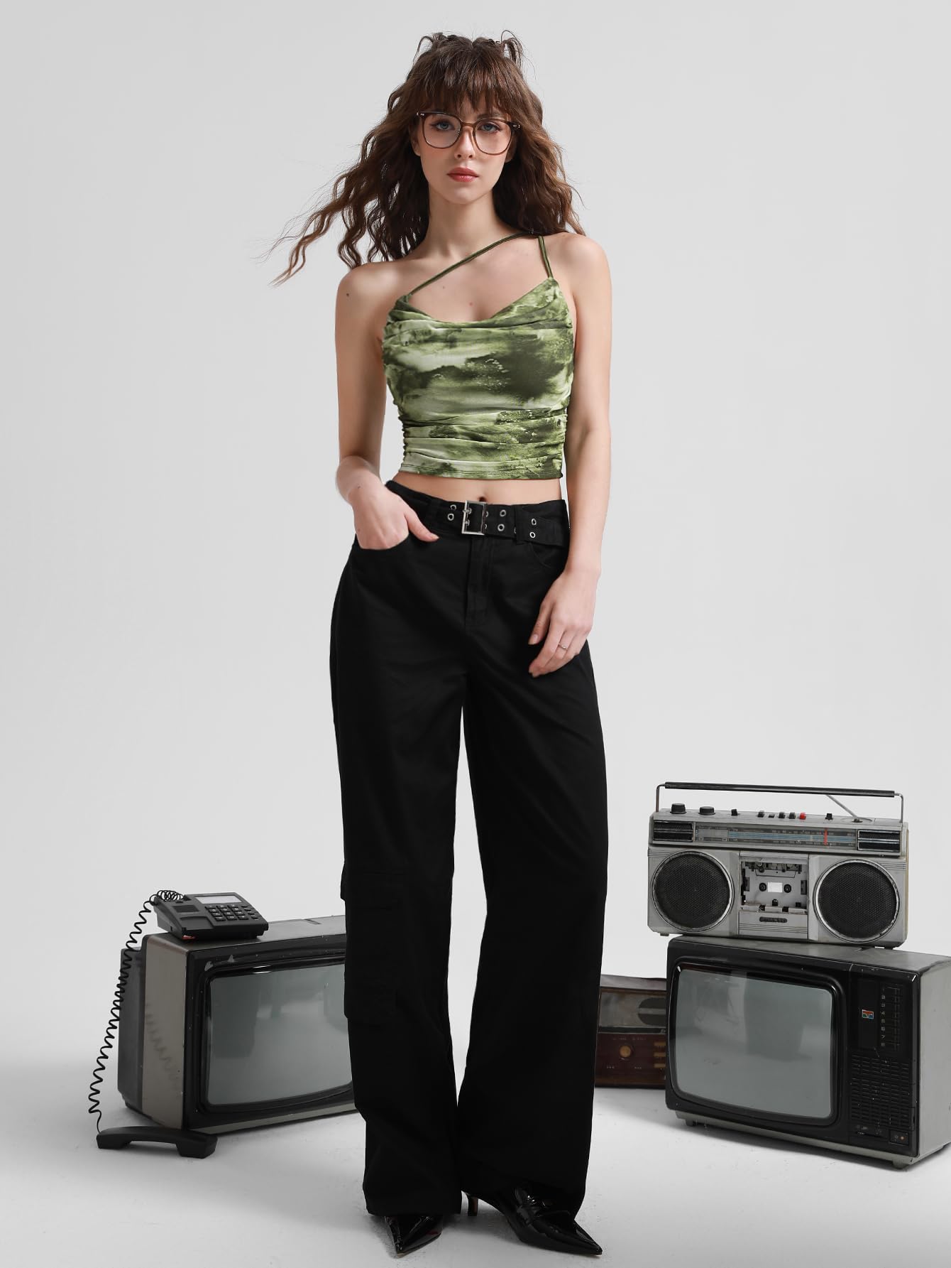 Floerns Top da donna Tie Dye Spaghetti Strap Cut Out una spalla increspato Crop Cami Top